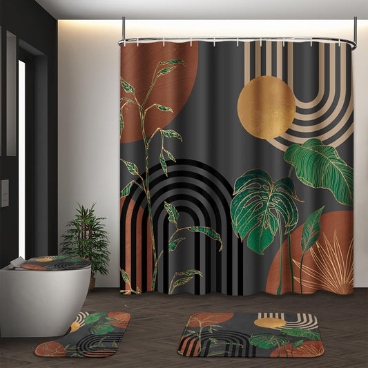 Tayney Brown Boho Mid Century Shower Curtain Set with Toilet Lid Cover and Non-Slip Rugs, Abstract Retro Grey Background 4 Pcs Modern Minimalist Aesthetic Shower Curtain for Bathroom Set with 12 Hooks