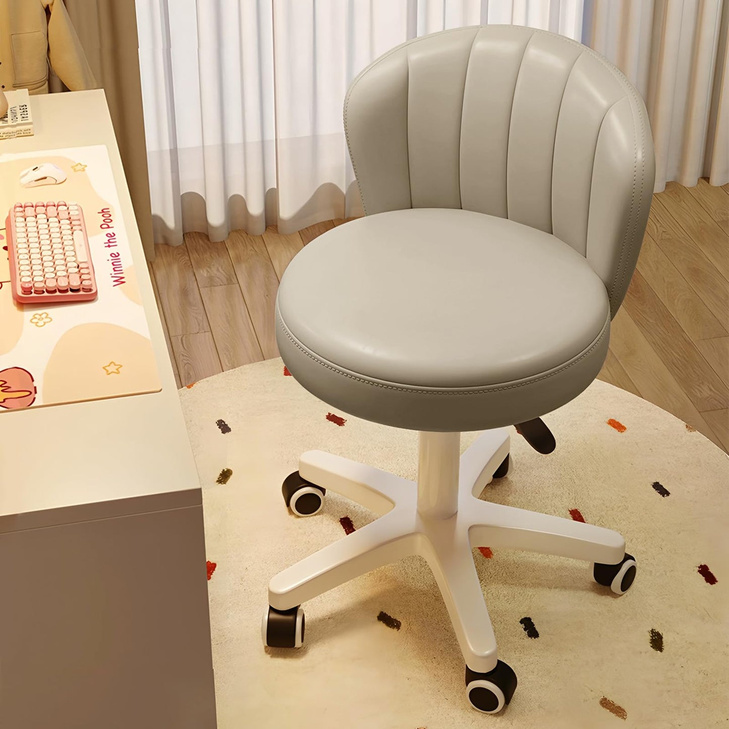 XUEGW Small Scallop Desk Chair with Back, Cute Armless Rolling Vanity Chair with PU Leather, Comfy Office Task Computer Chairs Height Adjustable for Bedroom