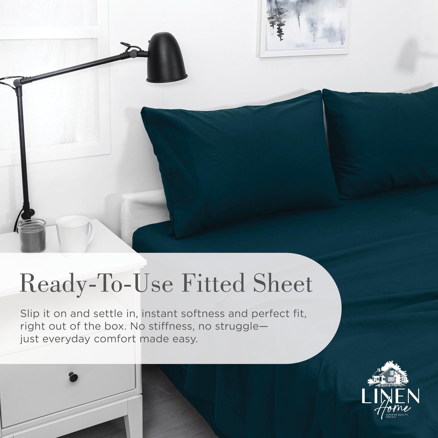 Linen Home Washed Cotton Percale Fitted Sheet Queen Size, Navy Blue, 1 Deep Pocket Fitted Sheet, Soft and Cool Strong Bed Linen, 60"X80"+14"