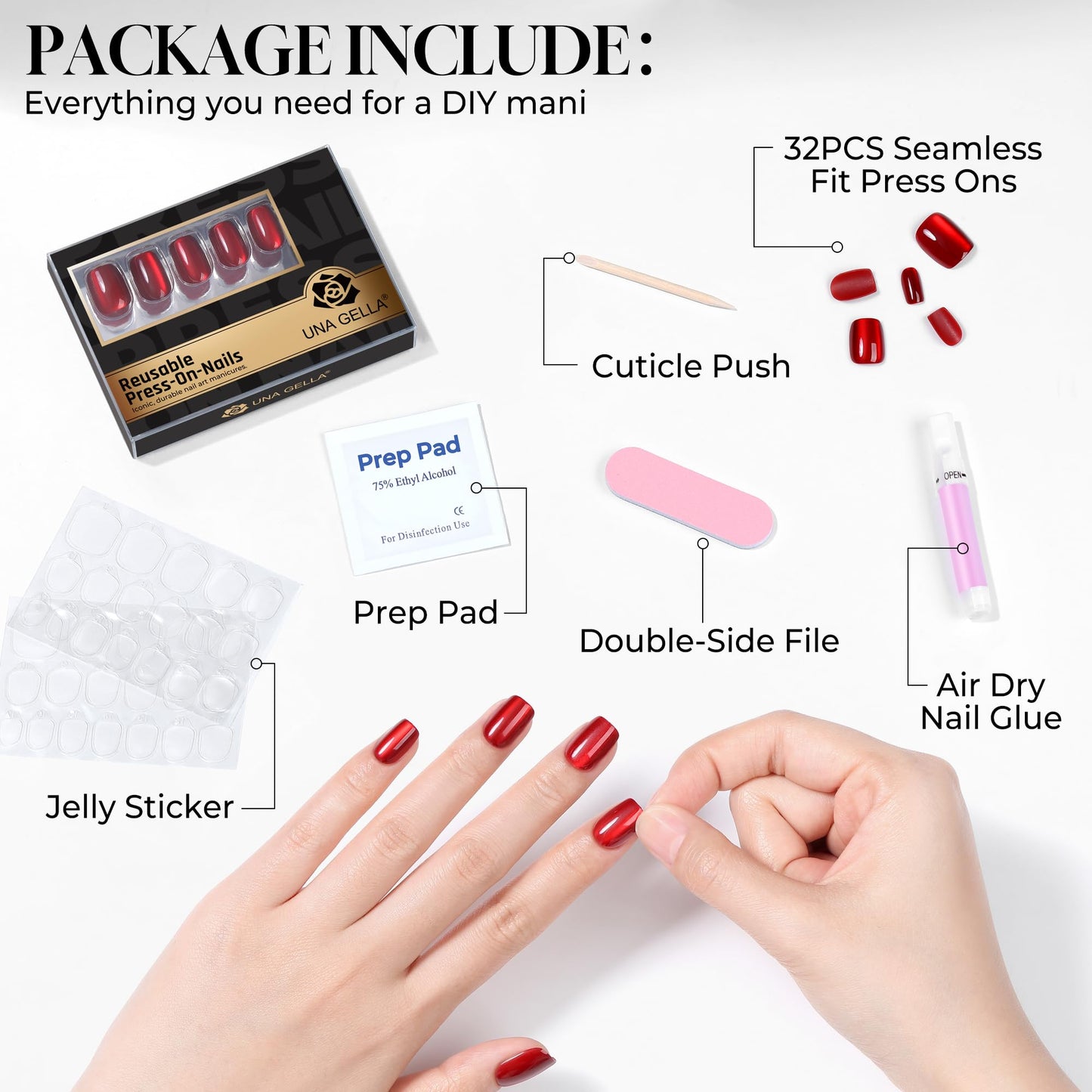 UNA GELLA 32Pcs Soft Gel Press on Nails - 16 Sizes Red Cat Eye Short Square Glue on Nails, Reusable Glitter Velvet Red False Nails, Full Cover Acrylic Nail Kit for Women DIY Home Manicure