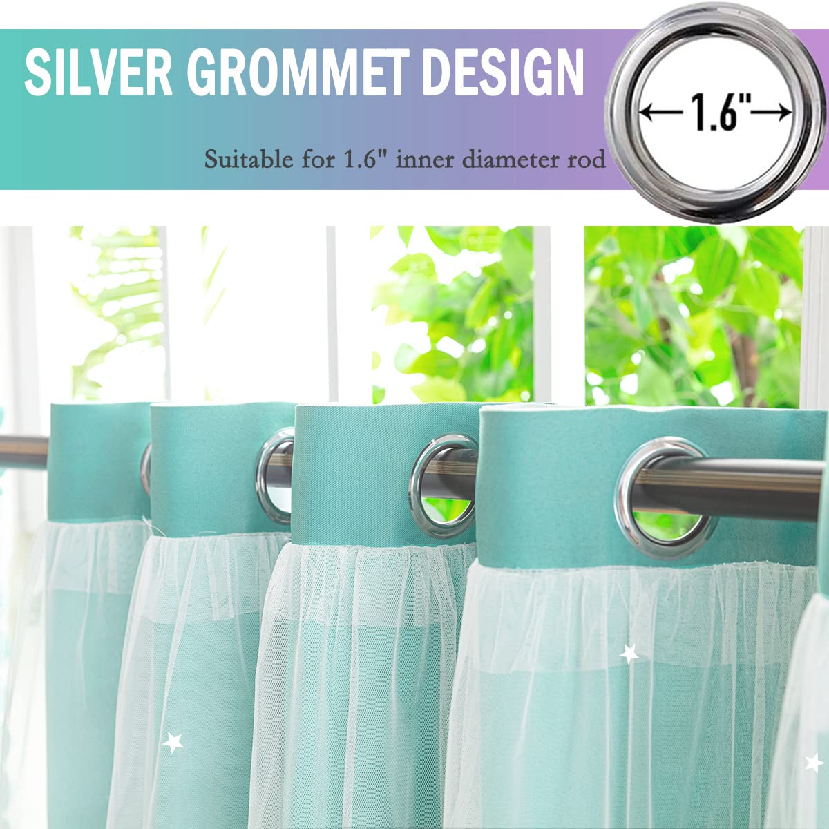 Yancorp Kids Curtains for Girls Bedroom Princess Curtains for Daughter Room 84 Inches Long Star Curtains with Tieback & 3 Bowties(Purple Teal,W52*L84),1 Panel