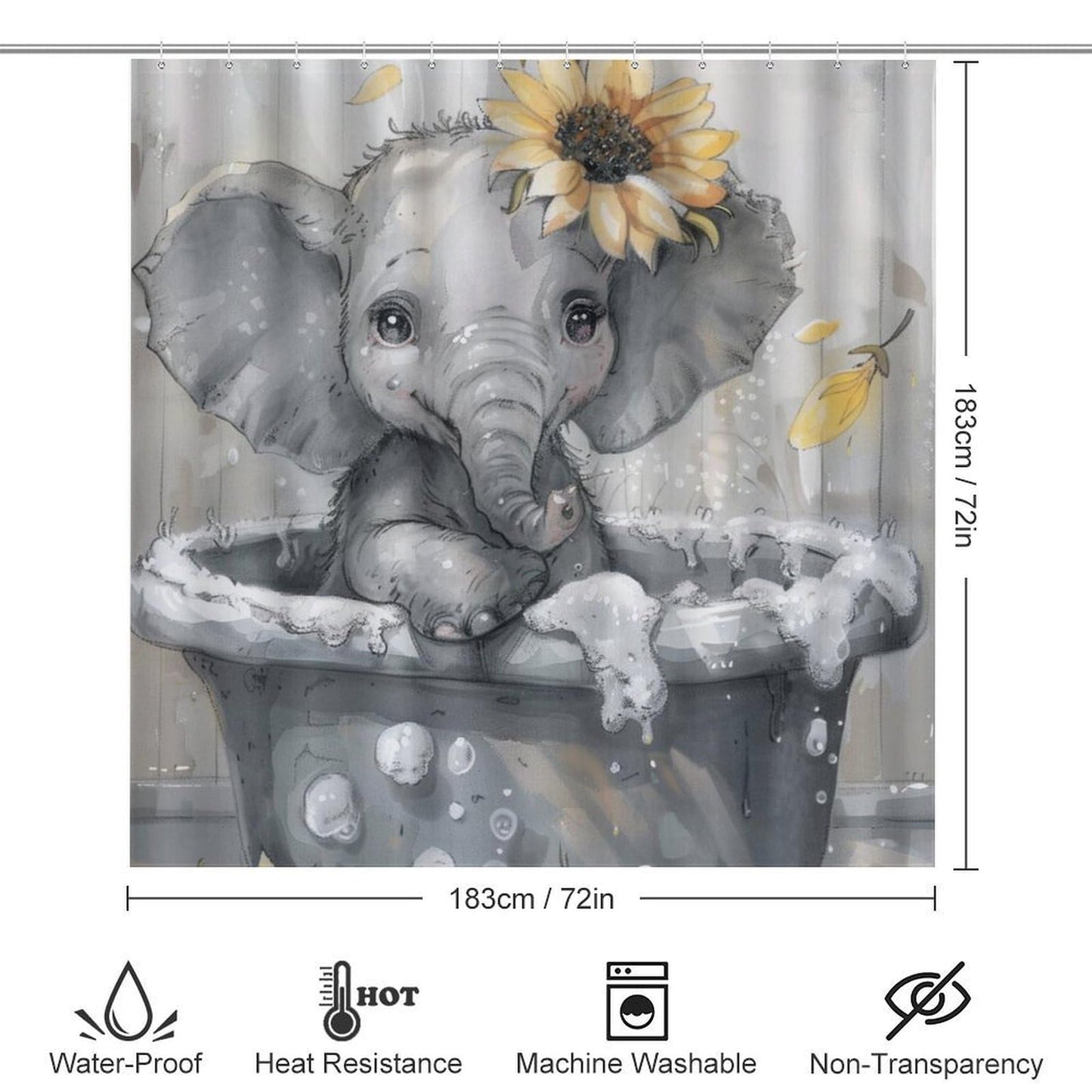 FOCCAFB 4 Piece Vintage Abstract Elephant Shower Curtain Set with Rugs, Bathtub Animal Sunflower Floral Include Bathroom Non-Slip Floor Mat, U-Shaped Bath Rug and Toilet Cover Lid with 12 Hooks