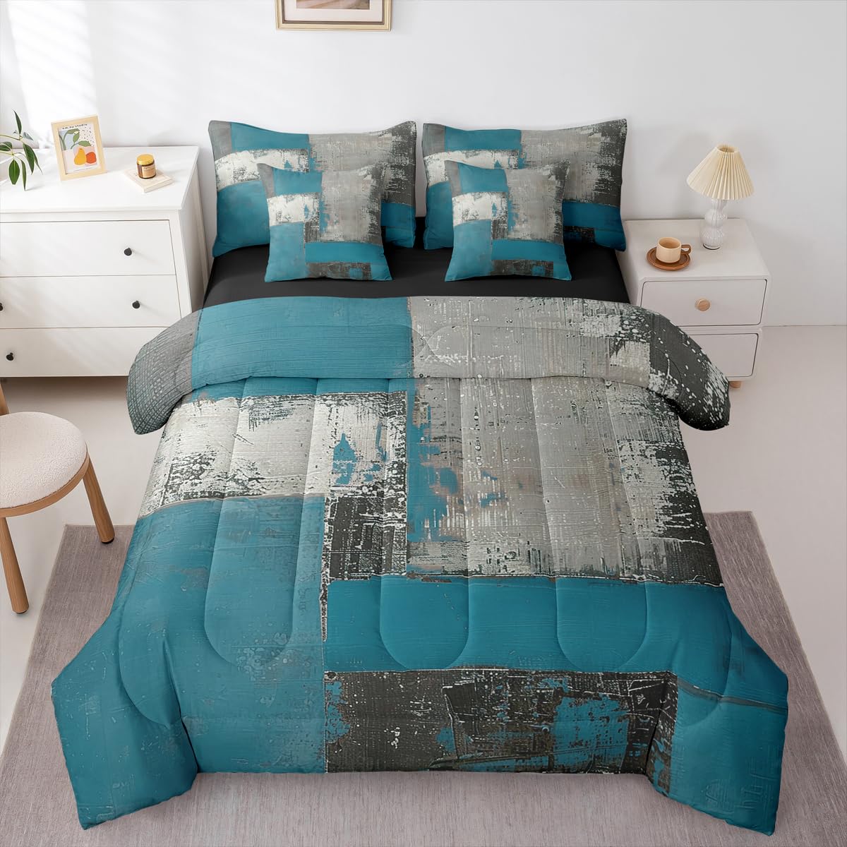 Feelyou Abstract Comforter Set with Sheets 7 Piece King Size Modern Abstract Art Bed in a Bag Kids Boys Girls Luxury Bedding Set Geometric Bedroom Decor Gray Blue Soft Lightweight Microfiber