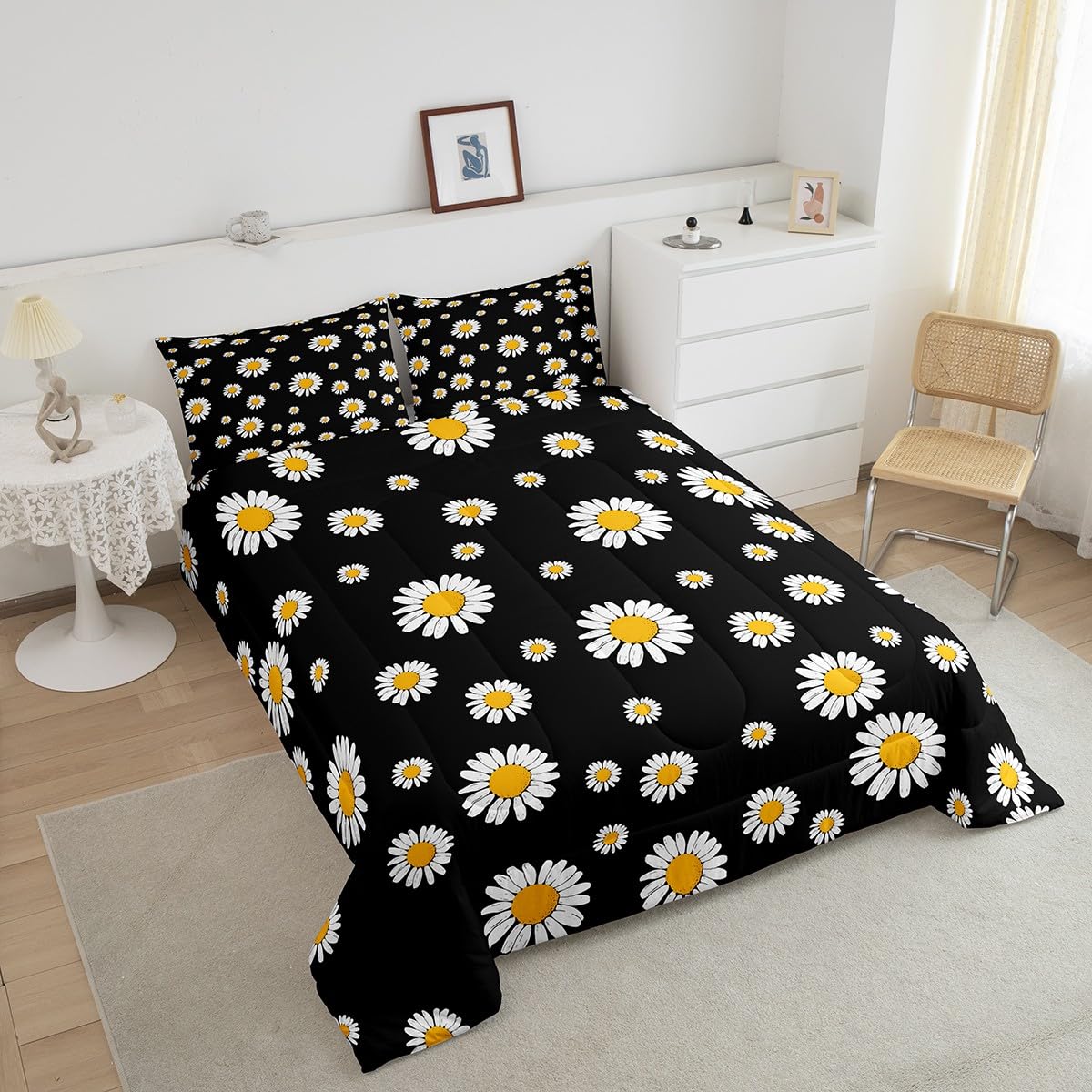 Erosebridal Daisy Comforter Sets Twin Size for Kids Girls Teens Women White Flower Down Comforter Rustic Floral Bedding Set Pastoral Country Style Duvet Sets with 1 Pillow Case Black