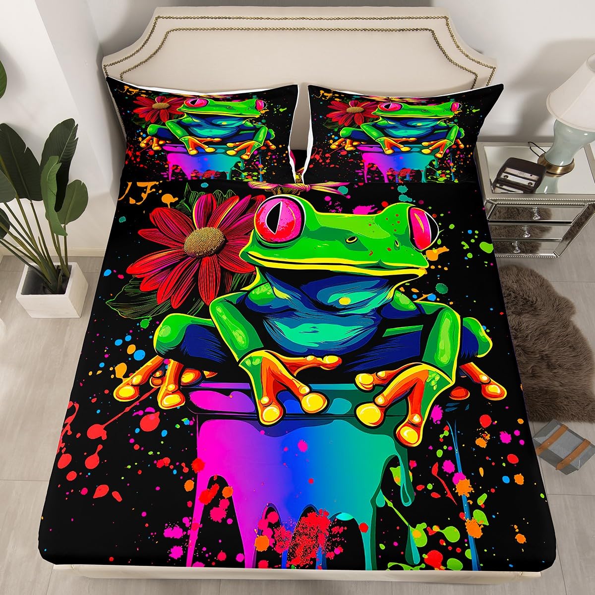 Erosebridal Tie Dye Frog Bedding Full Size,Rainbow Graffiti Style Sheet Set for Kids Boys Girls Teens,Rose Flower Cartoon Animal Bed Sheets,Microfiber Floral Decor Bed Sheet Soft with Deep Pocket