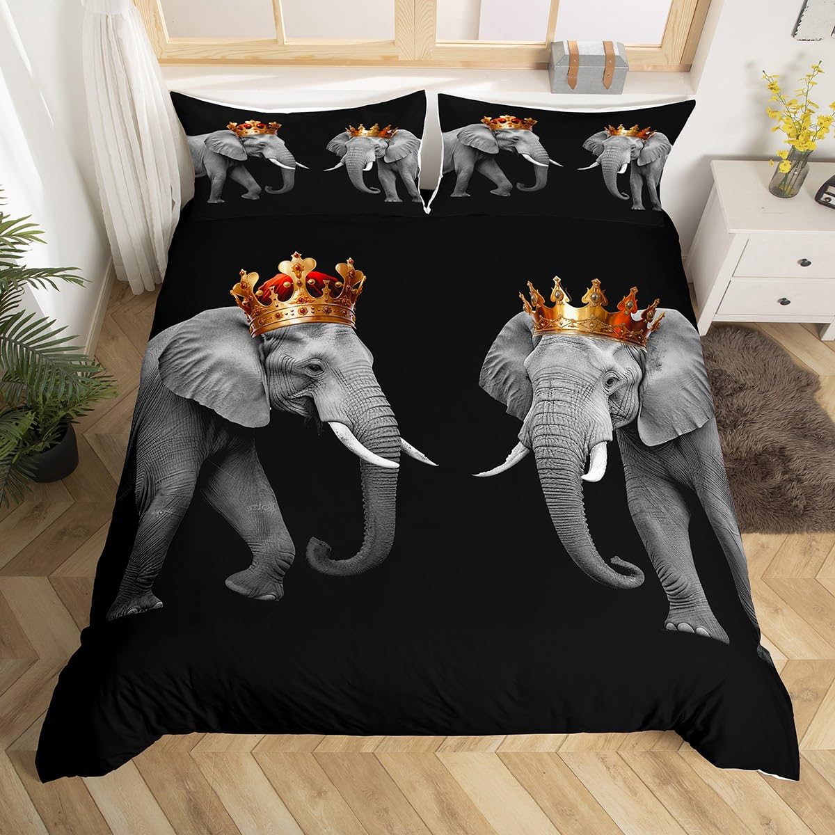 Elephant Couple Duvet Cover Set Full Size,3D African Tropical Wild Animal Comforter Cover with 2 Pillowcases,Golden King and Queen Crown Breathable Bedspread for Boys Teens