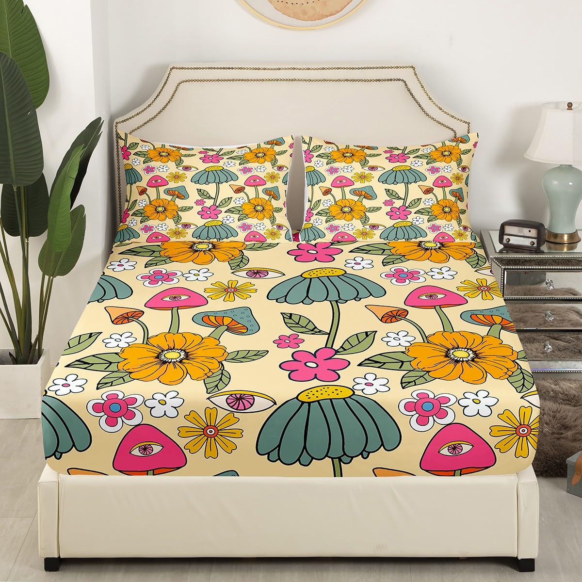 70s Retro Floral Fitted Sheet Set Full Size 4pcs,Hippie Flowers Leaves Bedding Sets(1 Fitted, 1 Flat, 2 Pillowcases) Cartoon Eyes Mushroom Luxury Deep Pocket Bed Sheets, Modern