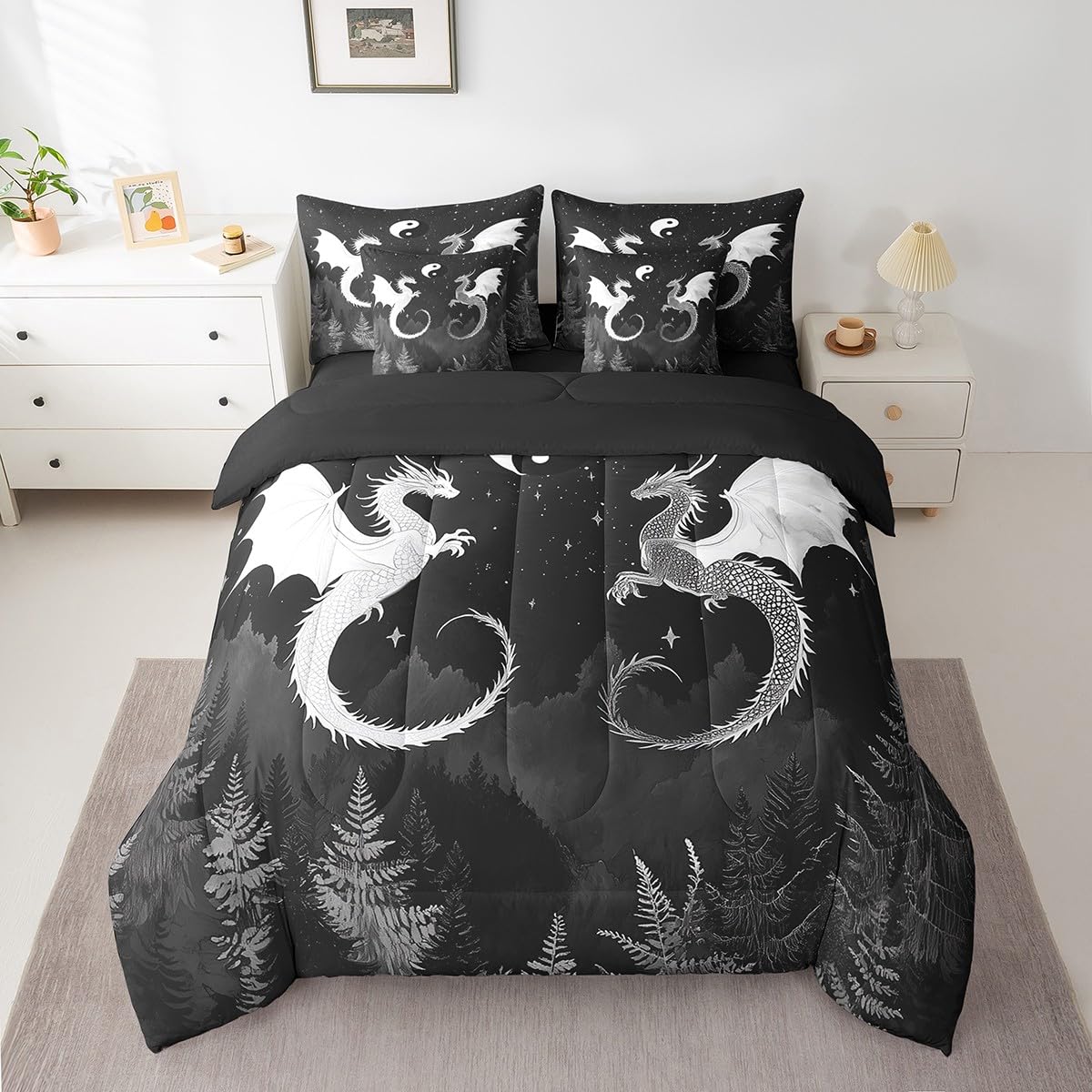 7 Pieces Black White Dragon Comforter Set Queen,Japanese Yin Yang Style Bed Set for Kids Boys Girls,Starry Sky Bedding(1 Comforter,1 Fitted Sheet,1 Flat Sheet,2 Pillowcases,2 Throw Pillow Covers