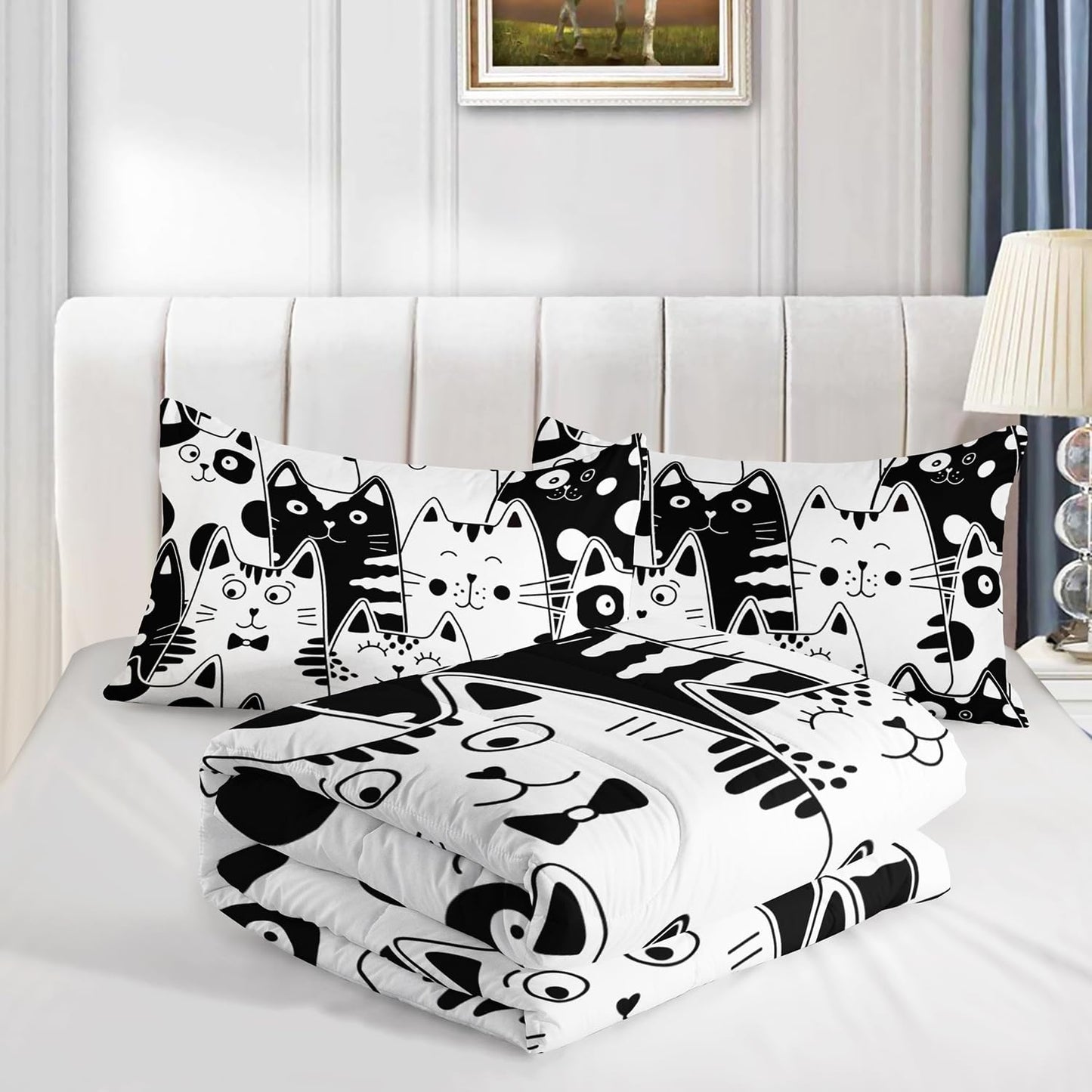 Nttopship Black and White Cat Comforter Set Queen,Kawaii Cat Butterfly 3 Pieces Bedding Set for Teens Kids,Cartoon Down Alternative Bed Comforters Bedding Sets for All Season