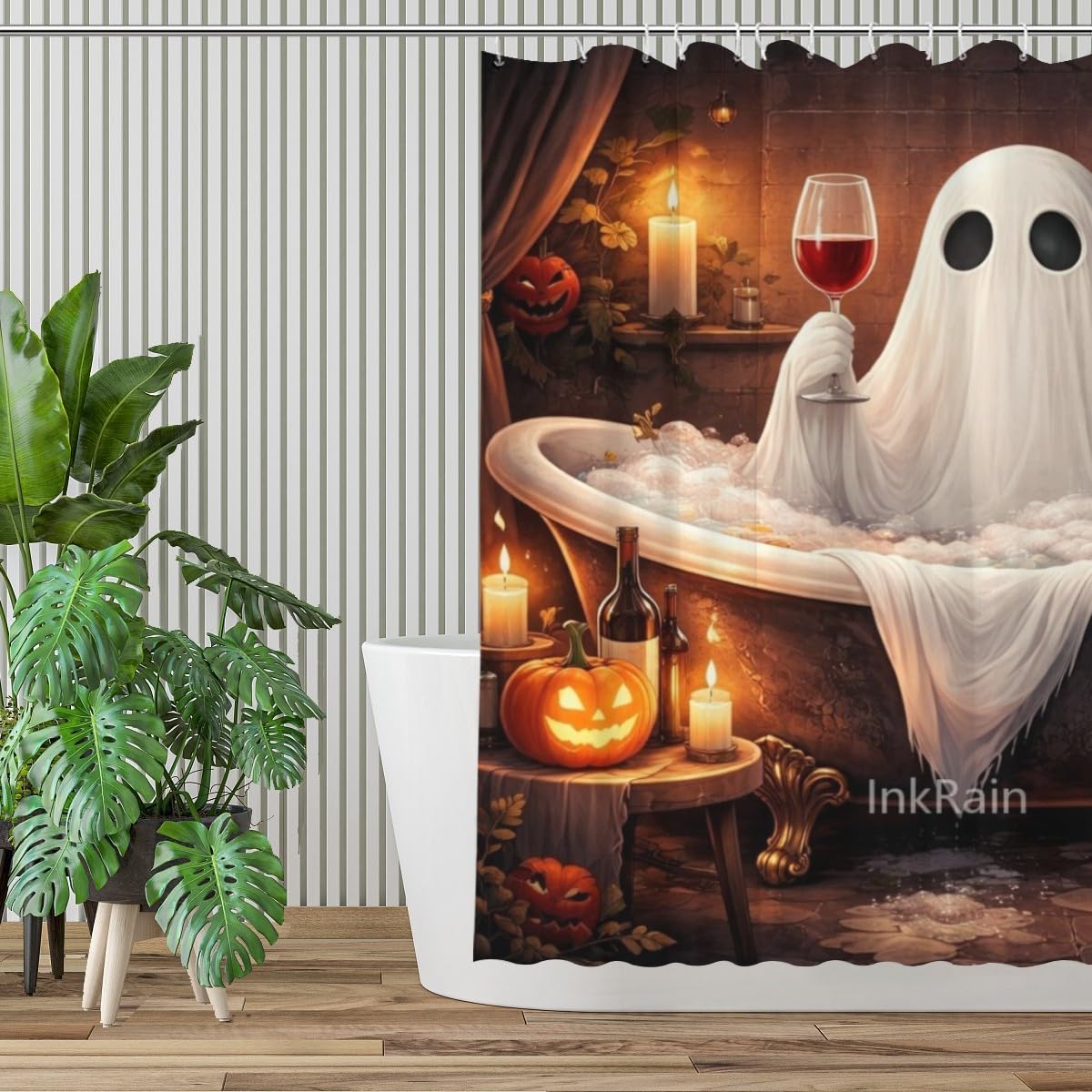 InkRain Halloween Ghost Shower Curtain 70x84 Inch with 12 Hooks, Cute Spooky Bathtub Ghost Bathroom Decor, Waterproof Fabric, Funny Halloween Home Bathroom Decoration