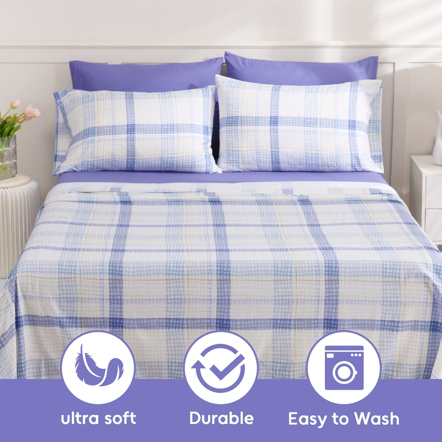 LONAVA Plaid Queen Size 6 Pcs Sheet Set, Breathable Microfiber Deep Pocket Peri Fitted Sheets, Comfy & Breathable Patterned Flat Sheets,4 Gentle Soft Pillowcases, Blue Plaid