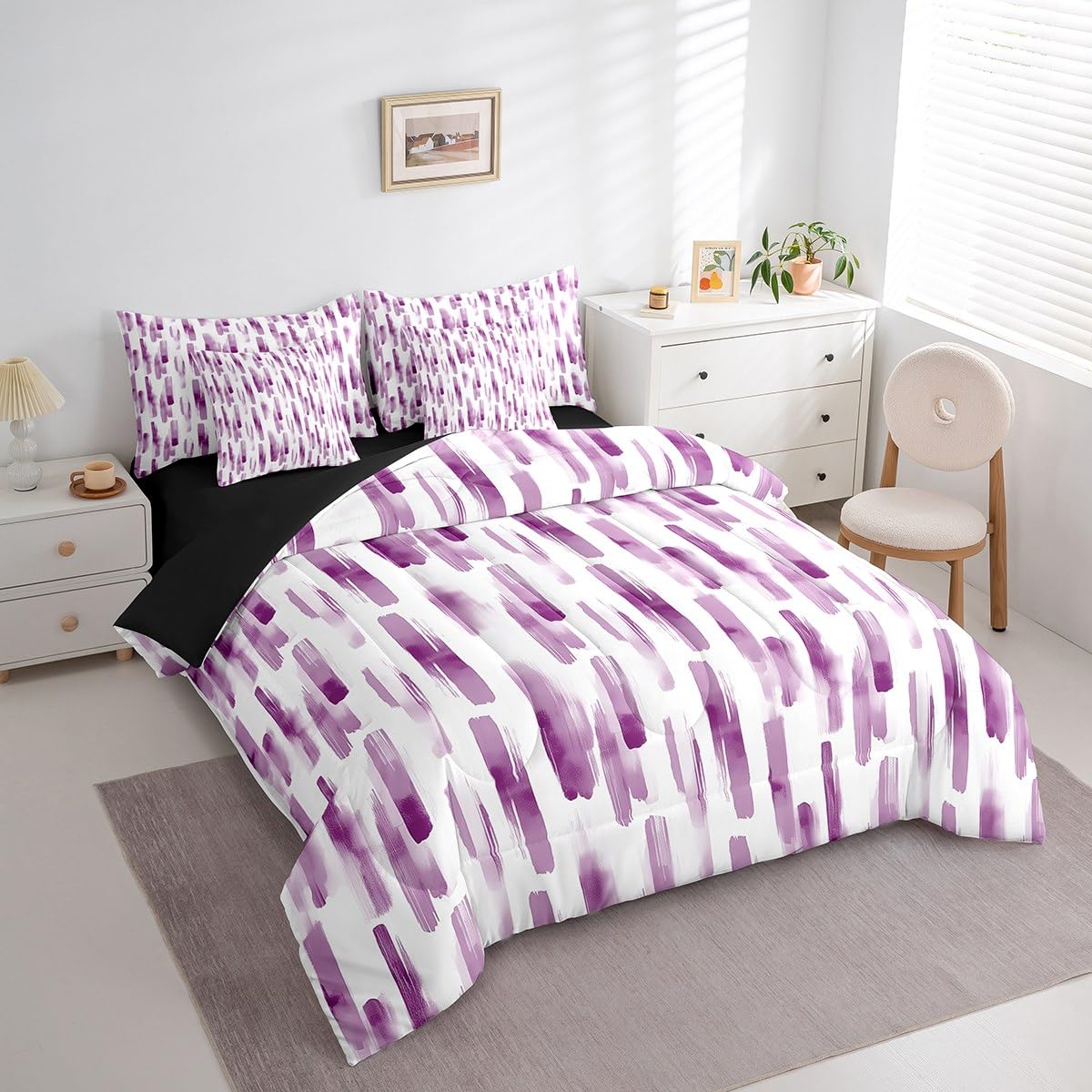 Erosebridal 7Pcs Purple Pink Striped Comforter Set King for Women Men,Modern Geometric Abstract Bedding,Gradient Art Aesthetic Bed in A Bag,Contemporary Boho Graffiti Quilt Set with Pillowcases