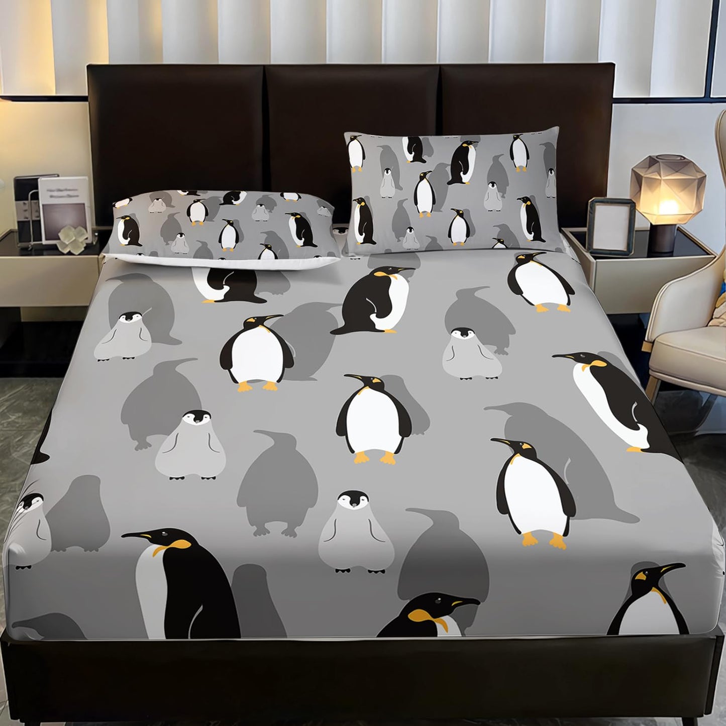 XYNHML Cartoon Penguin Fitted Sheet 3Pcs Twin Antarctic Wild Animal Bedding Set for Kid Teen Girl Boy Adult Grey White Black Safari Penguin Sheet Decor with 1 Fitted Sheet+2 Pillowcases No Flat Sheet
