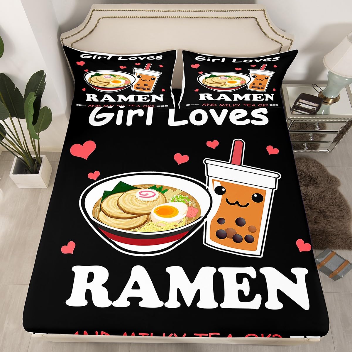 Feelyou Ramen Boba Fitted Sheet Anime Bedding Set for Kids Boys Girls Teens Noodles Bubble Tea Bed Sheets Set Girl Loves Ramen Boba Bed Cover Room Decor Bed Set Full Size