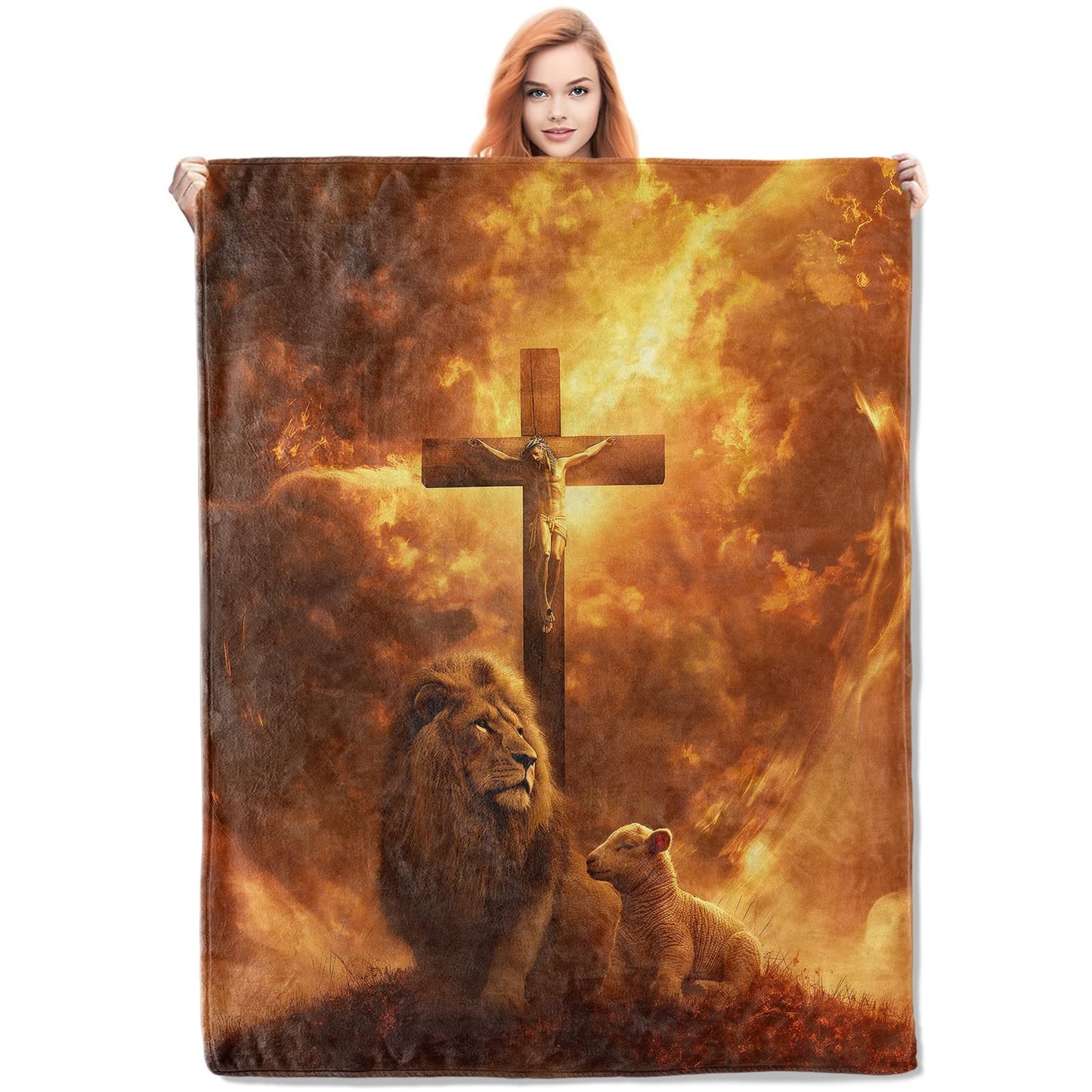 VANZEV Christian Blanket,Lion and Lamb Flannel Throw Blankets,Soft Warm Lightweight Cozy Plush Sunset Cross Throws for Bedroom Sofa Home Decor Gifts for Women Girls 50"x60"