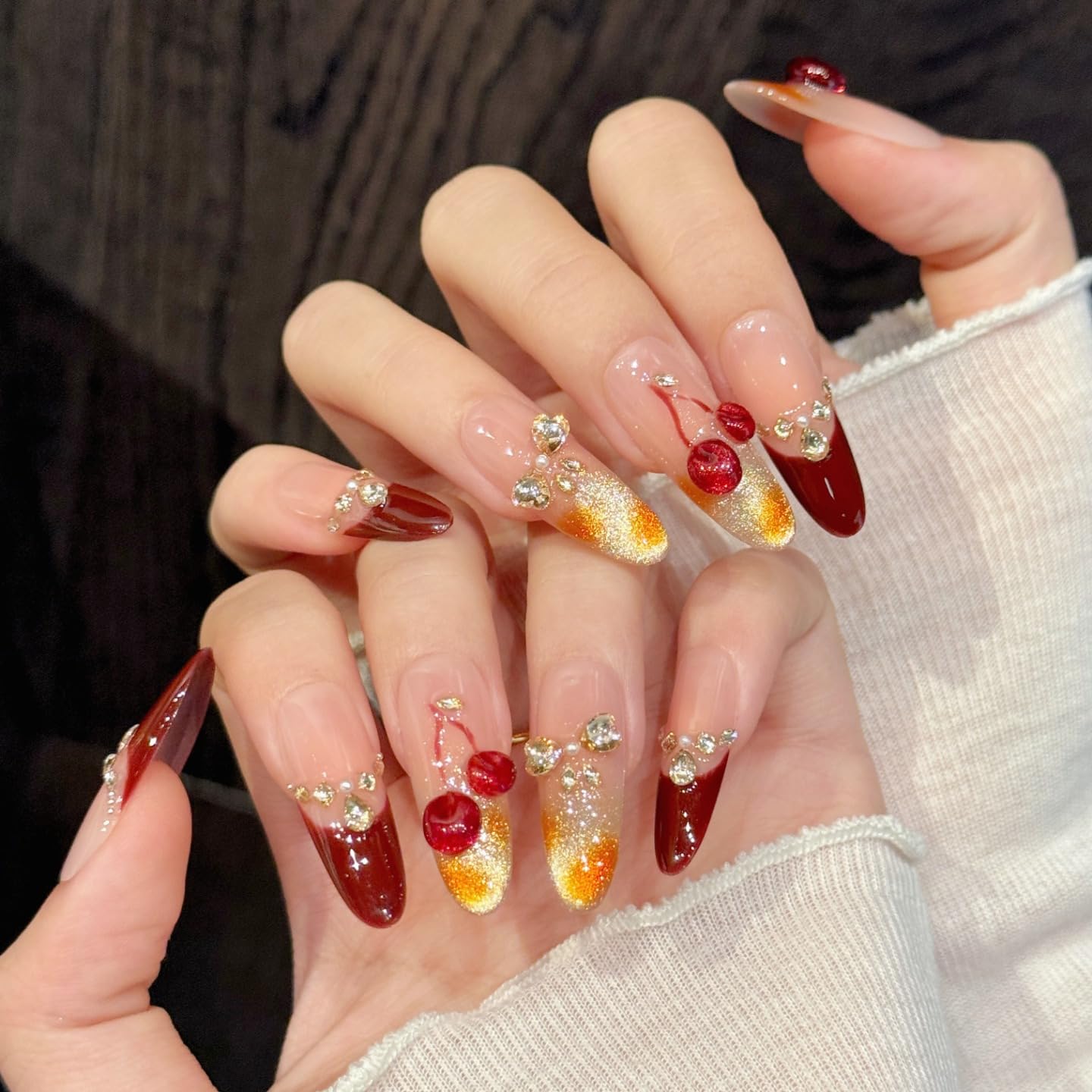 Handmade Press on Nails Square Sweet and Alluring Style Cherry Burgundy Nail Art with Rhinestone Embellishments Acrylic Nails Press on Handmade Nails Luxury Press on Nails（S）