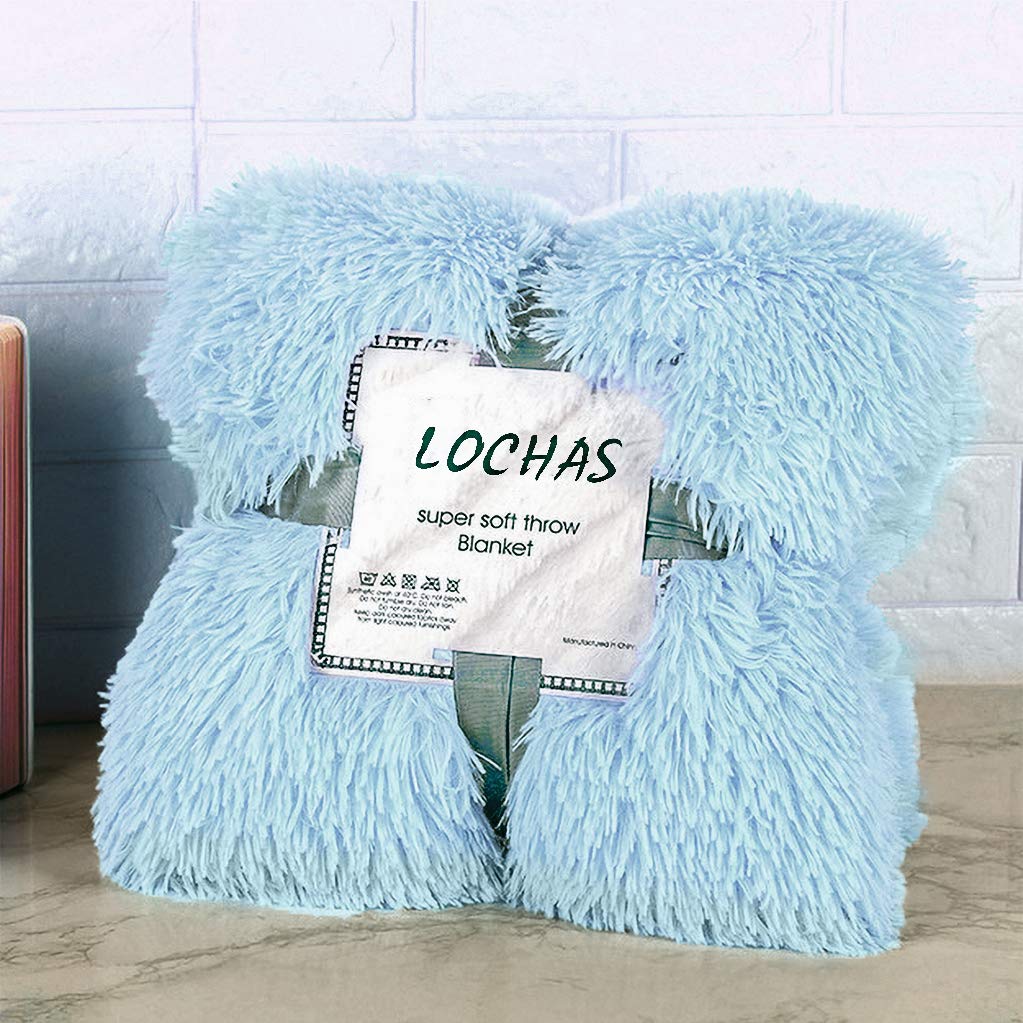 LOCHAS Super Soft Shaggy Faux Fur Throw Blanket, Plush Fuzzy Sherpa Throw Blanket for Couch, Cozy Fluffy Blue Blankets for Bed Chair Sofa, 50'' x 60''