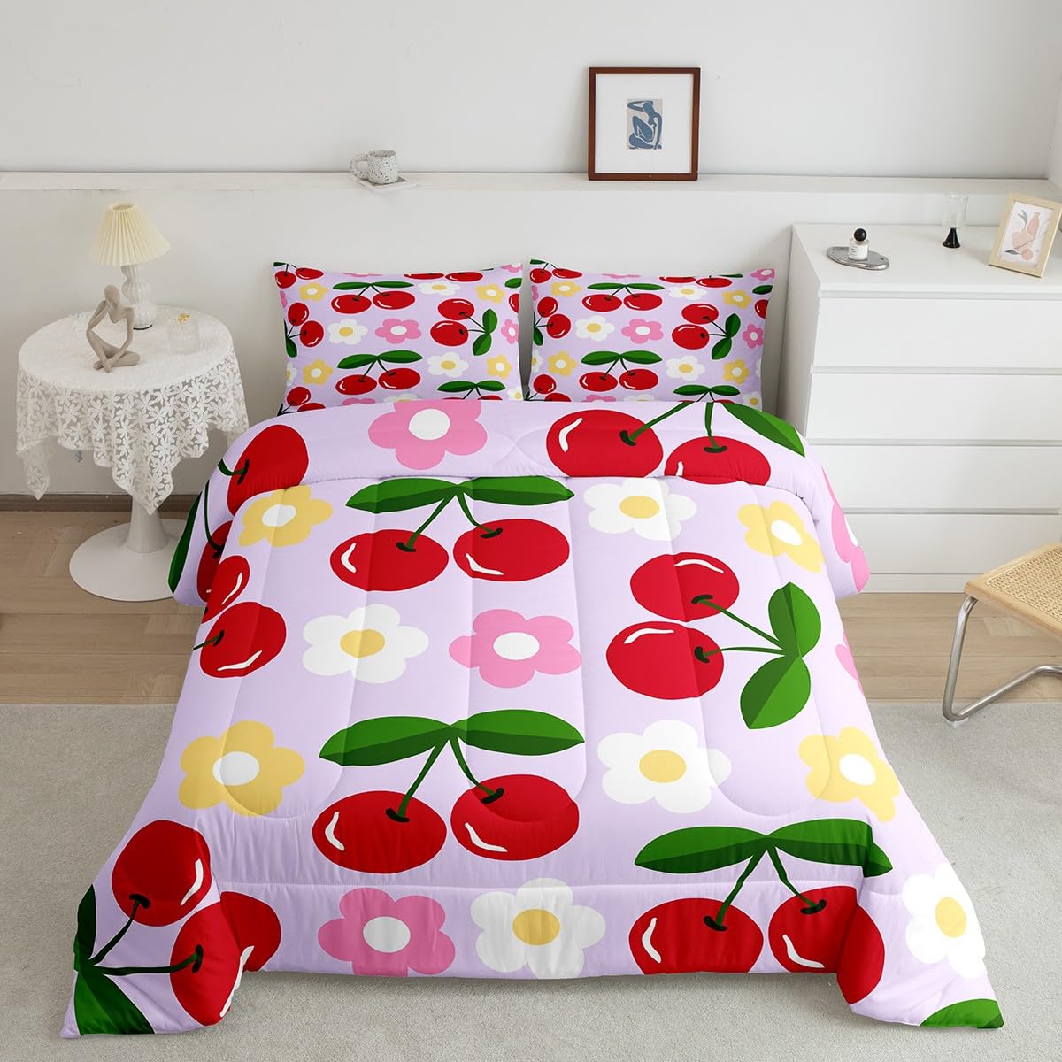 Red Cherry Kids Comforter Set Twin Size,Cartoon Flowers Tropical Fruits Rustic Bedding Set,Girls Princess Room Decor,Modern Fashion Coqueta Down Comforter,Purple Bright Duvet Insert,1 Pillowcase