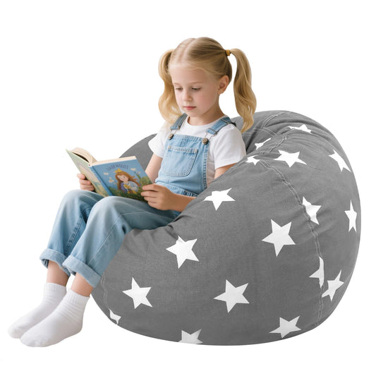 COMAX Bean Bag Chair for Kids, Kid Beanbag Chair Cute, Cotton Canvas Lazy Chair with Shredded Foam Filling, Stuffed Floor Sofa Couch for Boys and Girls, Grey Stars
