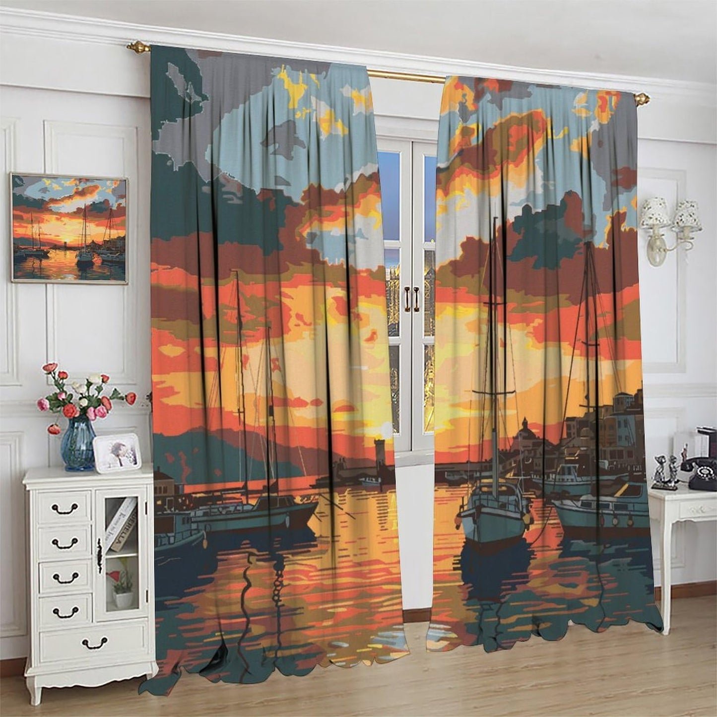 TOWINSFB Anime Ocean Sunset Sky Blackout Curtains, Nautical Sailboat Coastal Scenery Home Decor Rod Pocket Window Drapes for Living Room Bedroom - 42" W x 63" L