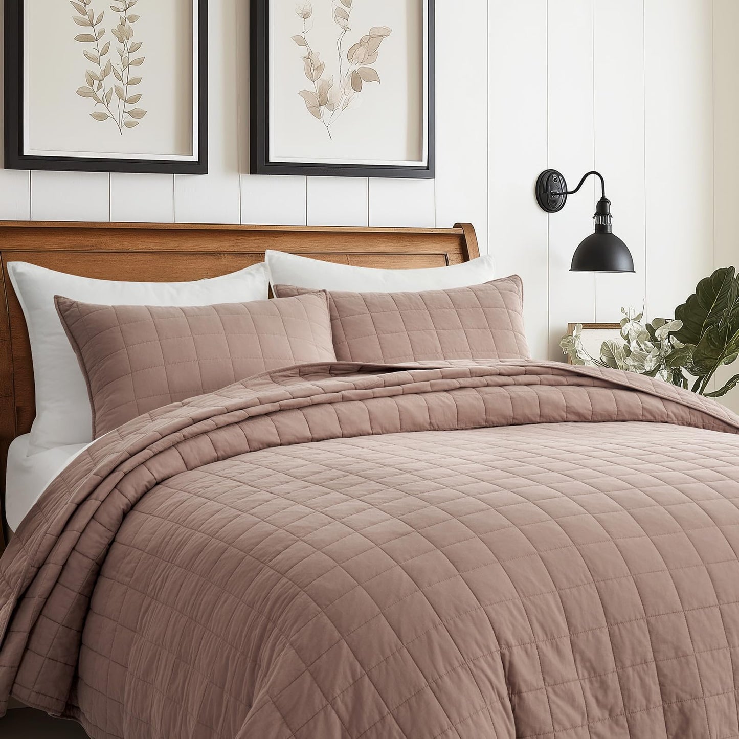EVERGRACEHOME 100% Cotton Box Stitch Quilt Bedding Set Queen Size 3 Pieces, Garment-Washed Lightweight Soft Cozy Coverlet, Quilted Bedspread Sets with 2 Shams for All Season, Clay