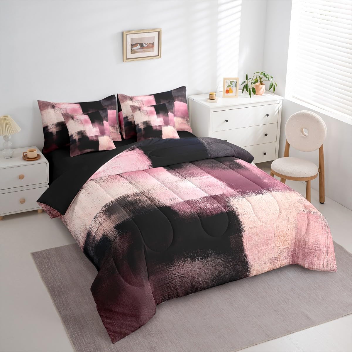 Feelyou Abstract Comforter Set with Sheets 7 Piece King Size Modern Abstract Art Bedding Set for Kids Boys Girls Luxury Bed in a Bag Geometric Room Decor Pink Soft Lightweight Microfiber