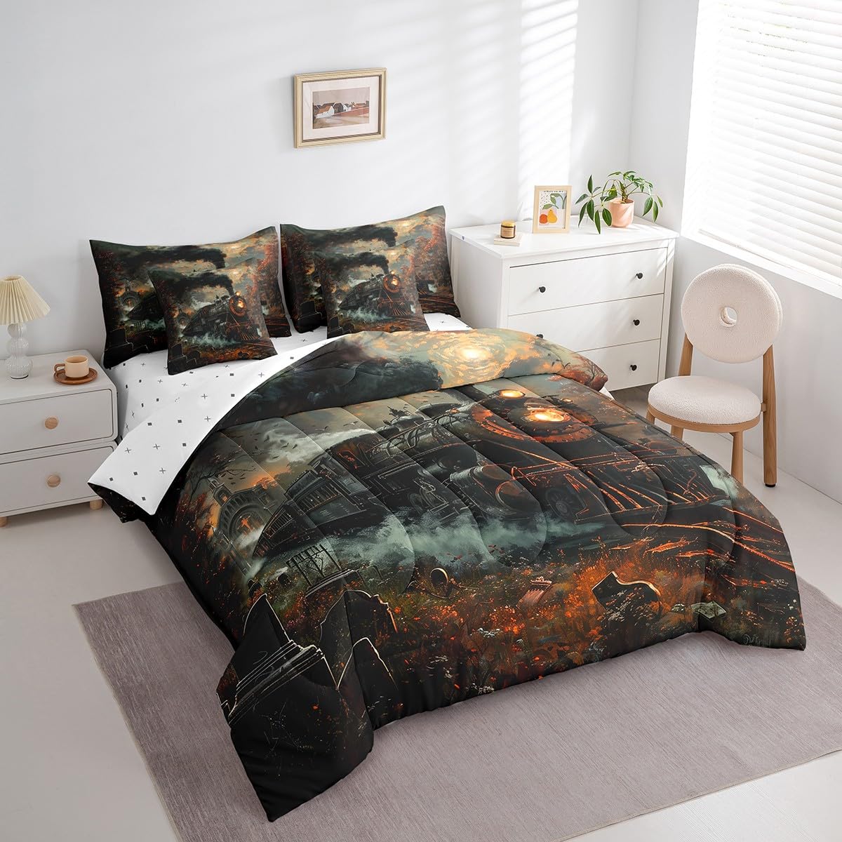 Manfei 7 Pieces Twin Size Retro Train Comforter Set,Steam Locomotive Train Bedding Set for Boys Girls,Maple Leaves Autumn Theme (Comforter+Fitted+Flat Sheet+2 Pillowcases+2 Throw Pillow Covers)