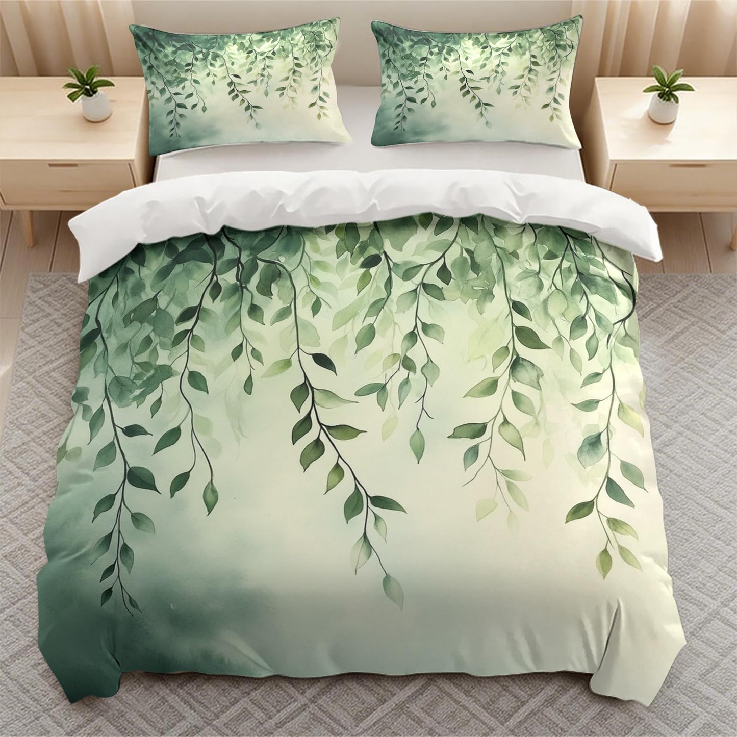 TEERRLLTW Floral Botanical Boho Flower Designed Duvet Cover Set, 3 Piece Soft Bedding Set (1 Duvet Cover and 2 Pillowcases), Floral Comforter Cover Set (Greenery Willow Leaves, Full (80" x 90"))