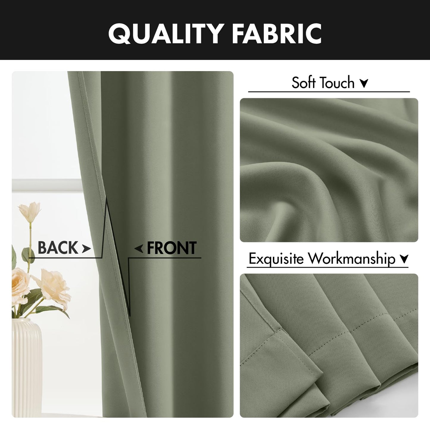 MIULEE Blackout Curtains 4 Panels Sets Sage Green 63 Inch Length, Top and Bottom Rod Pocket Room Darkening Curtains for Bedroom Windows, 4 Pack Solid Thermal Insulated Light Blocking Curtain Drapes