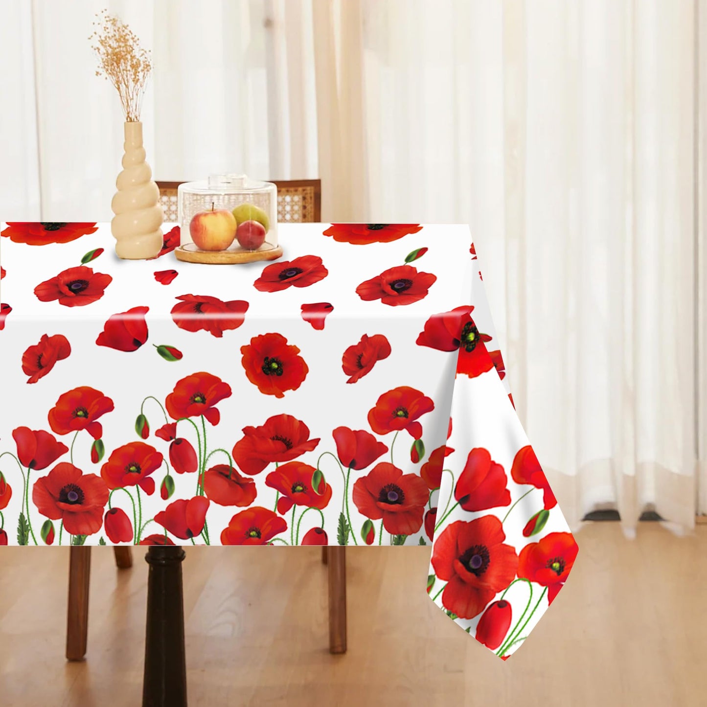 Adirasenotek 3 PCs Red Poppy Flowers Tablecloths Decorative Table Cover Spring Floral Tablecloth Plastic Tablecloths for Holiday Table Birthday Wedding Picnic Party Supplies,87x54In