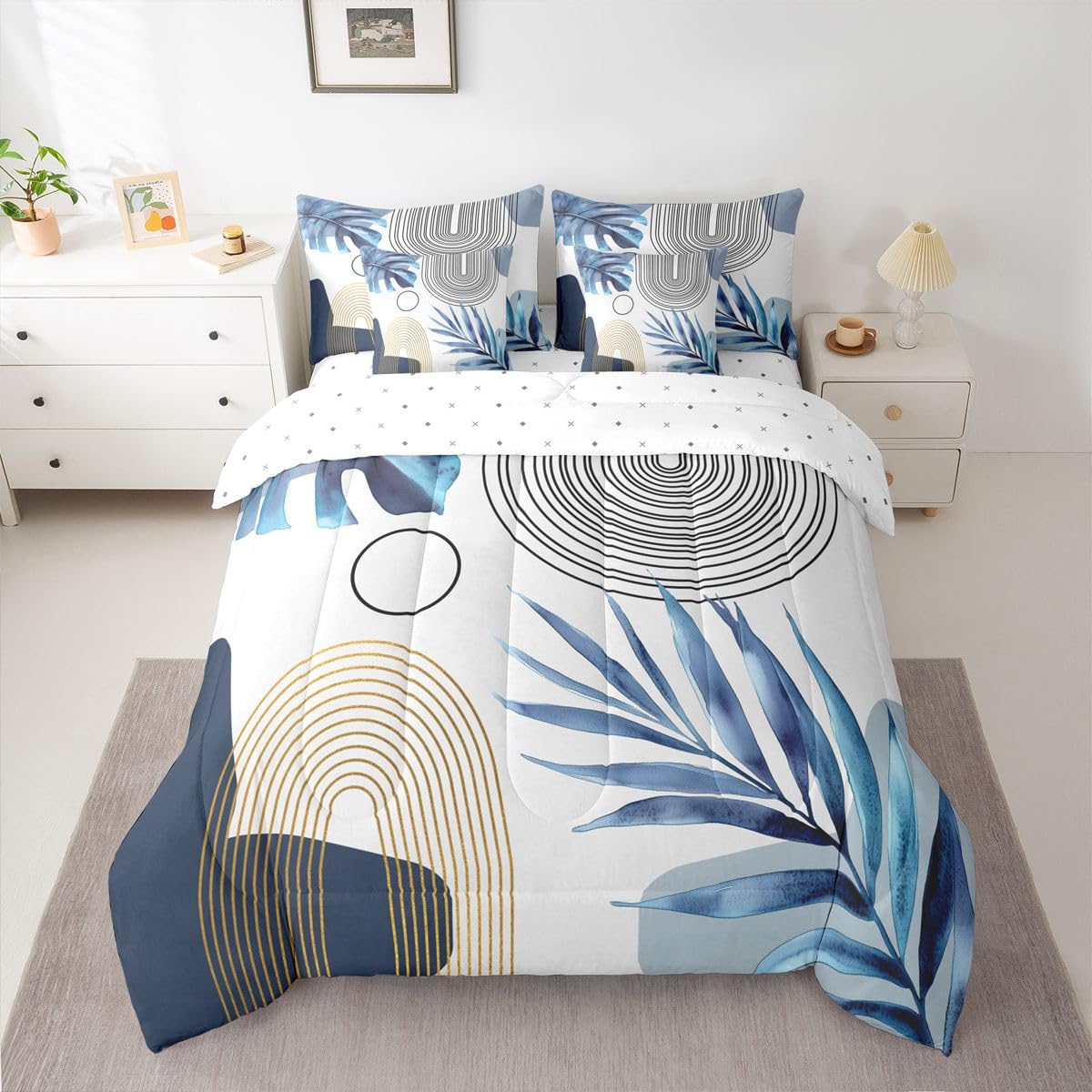 Erosebridal Blue Gold Boho Mid Century Full 7 Pcs Bedding Set, Abstract Minimalist Comforter Set with Sheets, Modern Geometric Simple Arch Bed in A Bag, Tropical Plant Palm Leaf Aesthetic Bed Sets