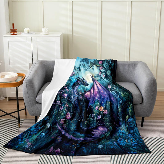 Feelyou Dragon Plush Throw Blanket Queen 90"x90" Dragon Stuff Flannel Fleece Blanket for Boys Girls Teens Wild Life All Season Bed Blanket Jungle Dragon Blanket Room Decor Balck Blue