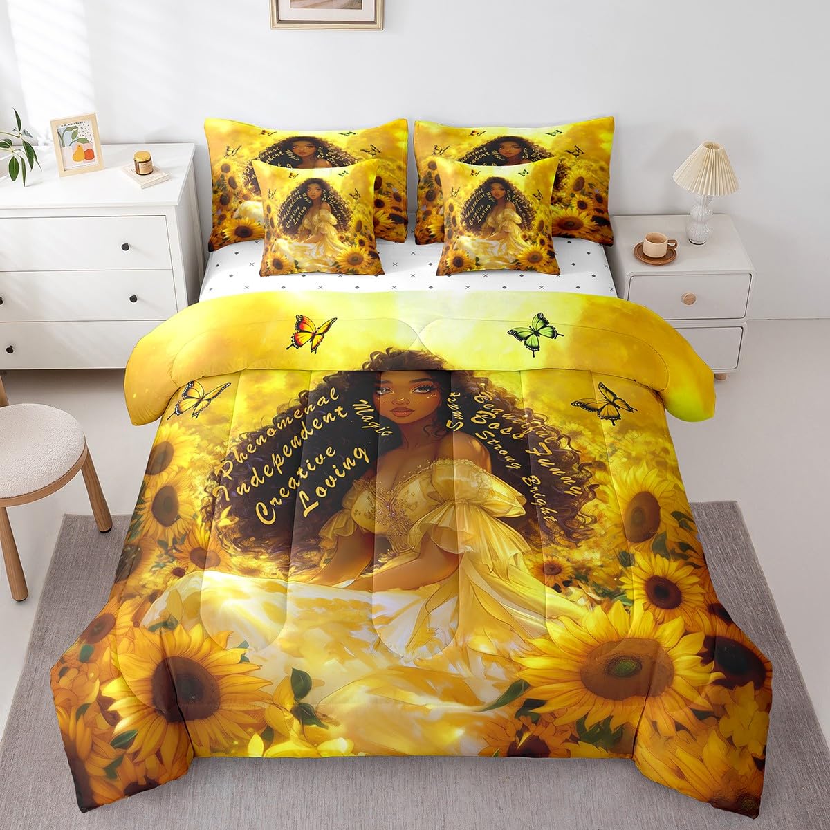 Castle Fairy Girl Sunflower Bed in a Bag Comforter Set,American Inspirational Quotes Twin Size 7 Pieces for Kids Teens,Golden Flowers Bedding Set with Comforter, Sheet Set, Pillowcases, Pillow Covers