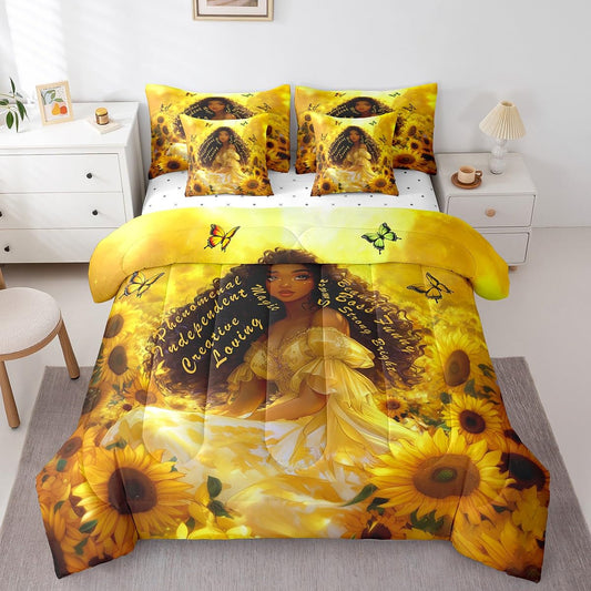 Castle Fairy Girl Sunflower Bed in a Bag Comforter Set,American Inspirational Quotes Twin Size 7 Pieces for Kids Teens,Golden Flowers Bedding Set with Comforter, Sheet Set, Pillowcases, Pillow Covers