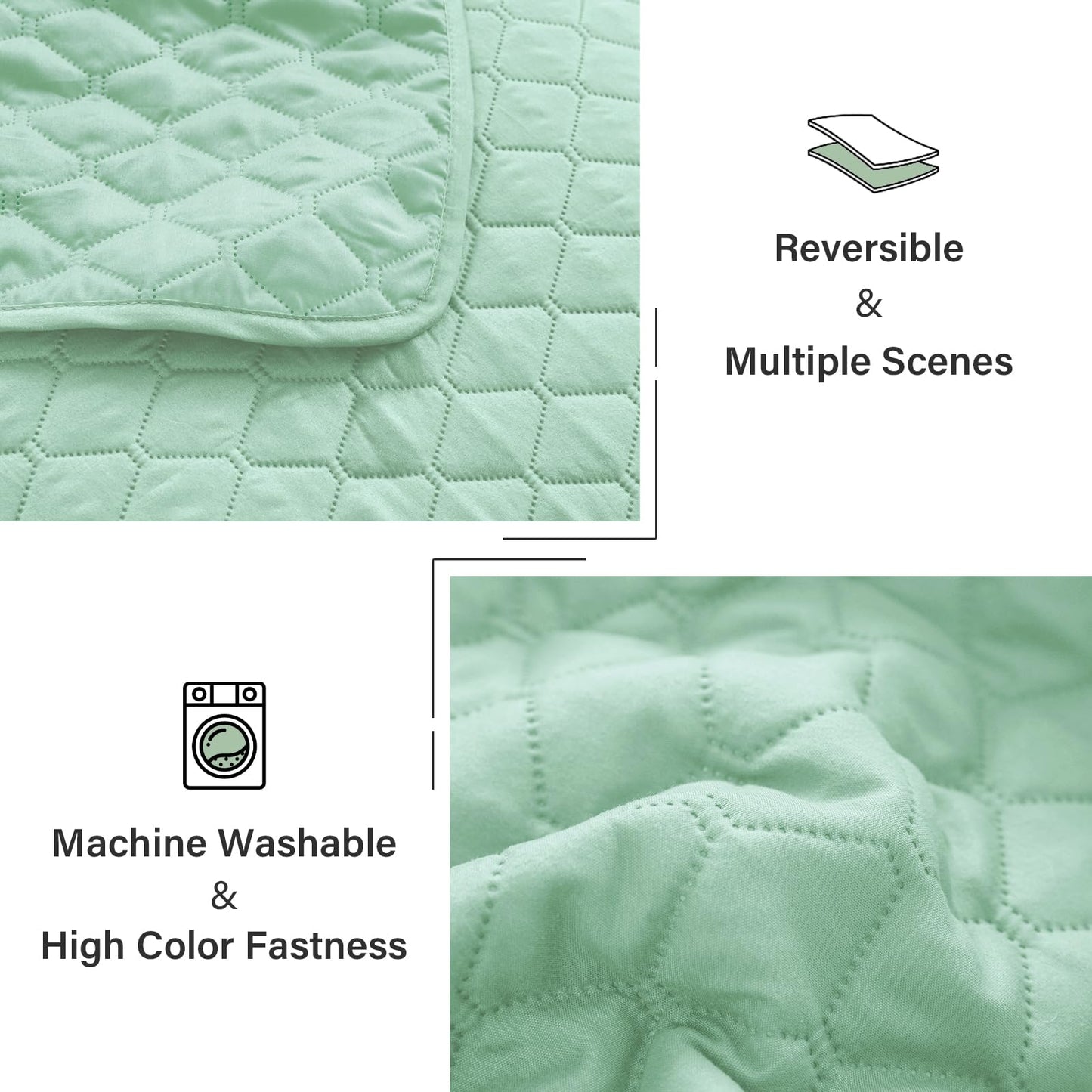 Exclusivo Mezcla Reversible King Size Quilt Bedding Set with Pillow Shams, Lightweight Quilts King Size, Soft Bedspreads Bed Coverlets for All Seasons - (Light Green, 104"x96")