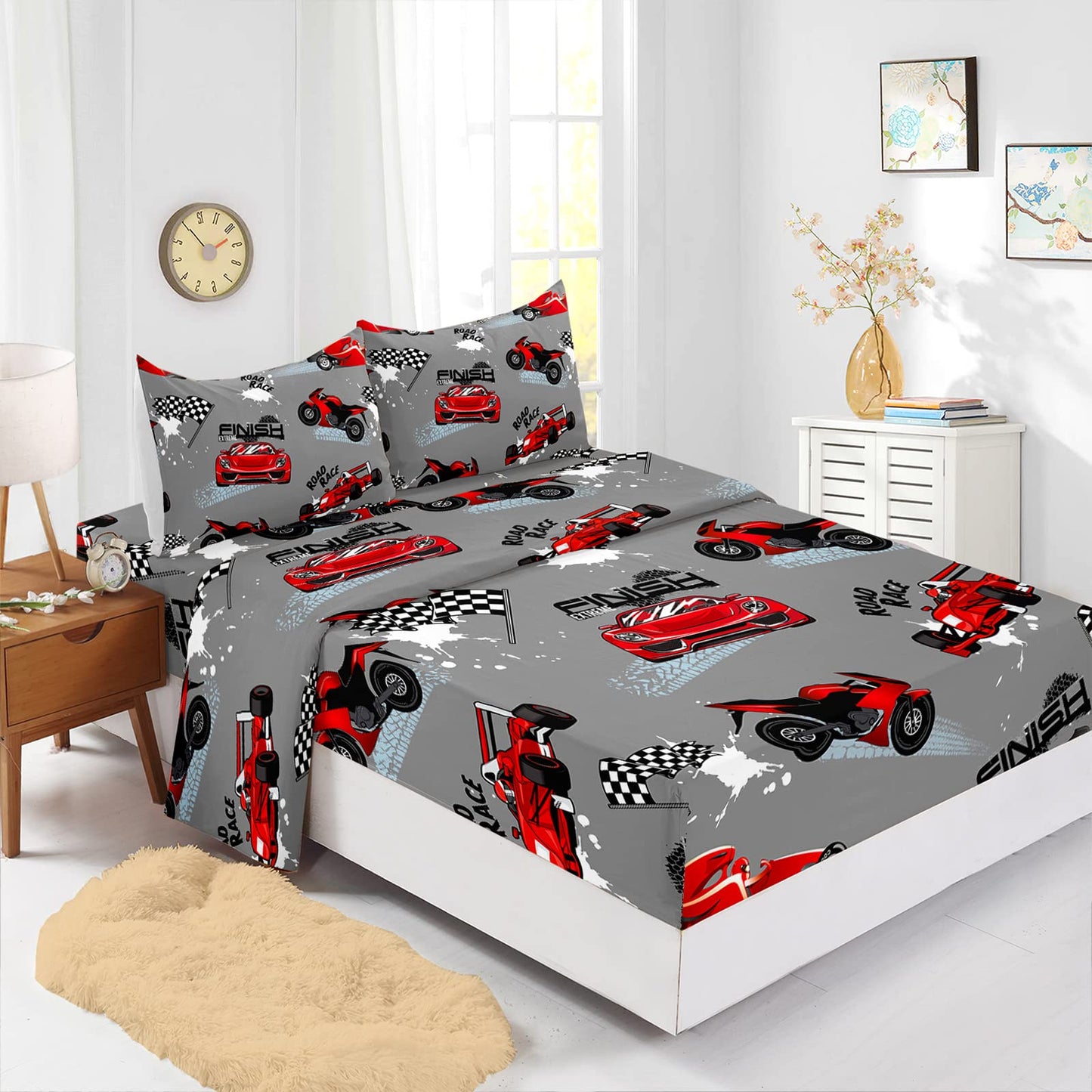 Axolotl Twin Racing Car Bedding Set, 4Pcs Red & Grey Car Bed Sheets with 1 Fitted Sheet 1 Flat Sheet 2 Pillowcases for Boys, Girls, Adults & Kids