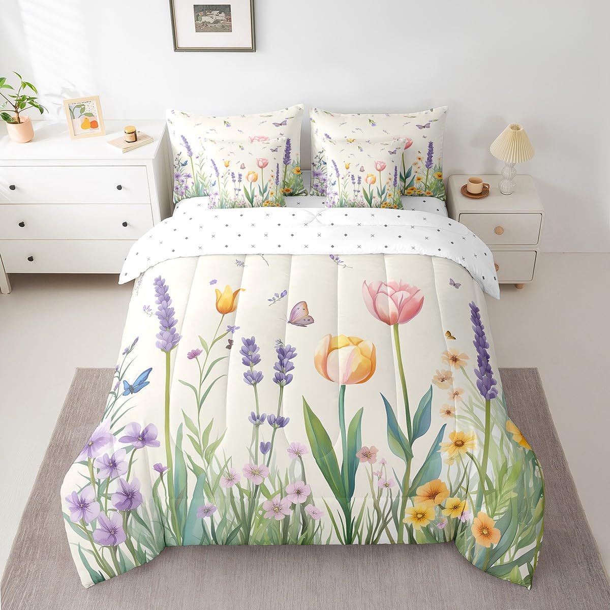 Erosebridal Tulips Full Size Bed Sheets and Comforter Set,Jungle Flowers 7 Piece Bedding Set Garden Floral Lavender Bed in a Bag,Rural Pastoral Style Farmhouse Rustic Bed Sets