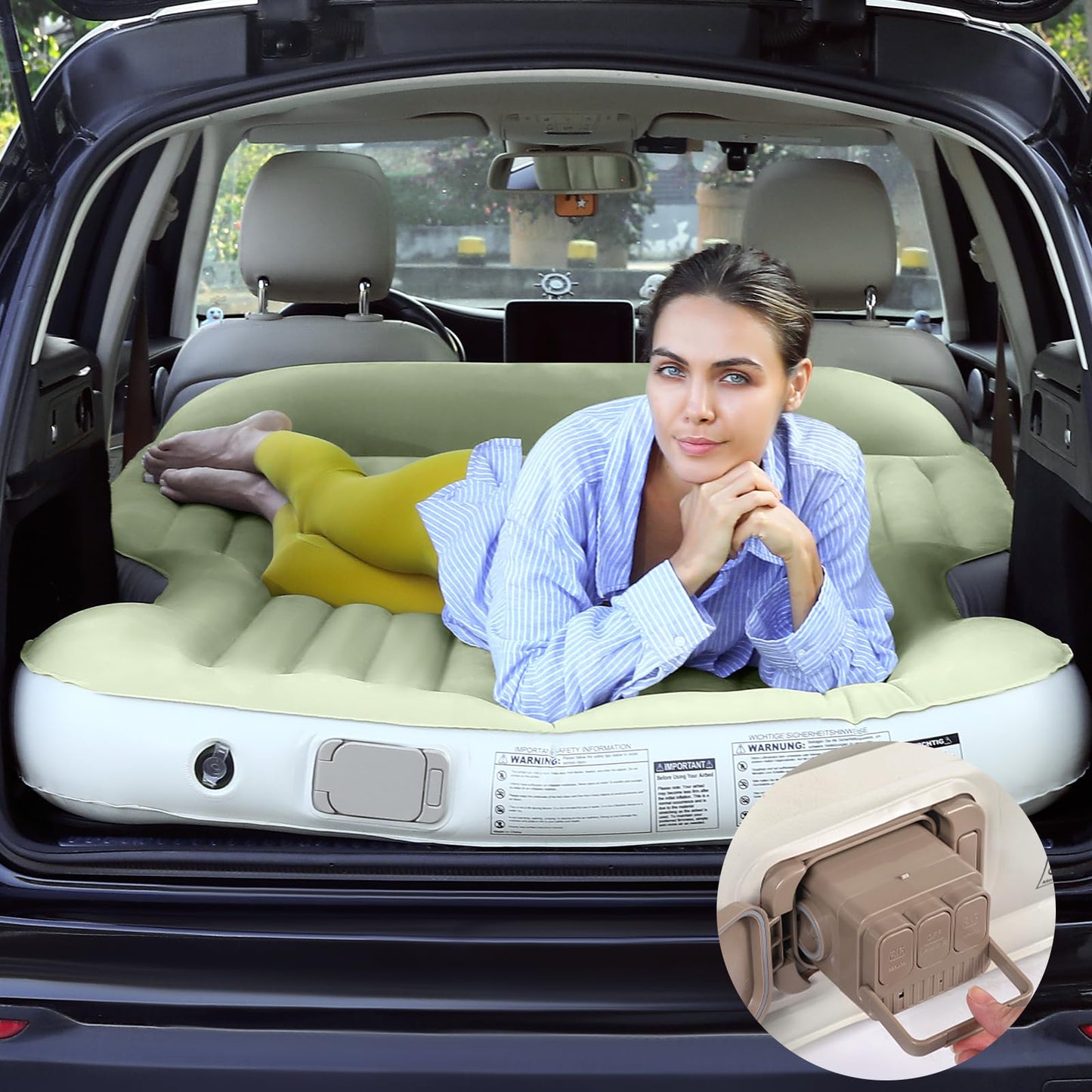 KMZ Inflatable SUV Air Mattress Thickened Flocking with Built-in Pump Self-Inflating Portable Sleeping Travel Bed Pad for SUV Truck Fast Inflation and Deflation (Green)