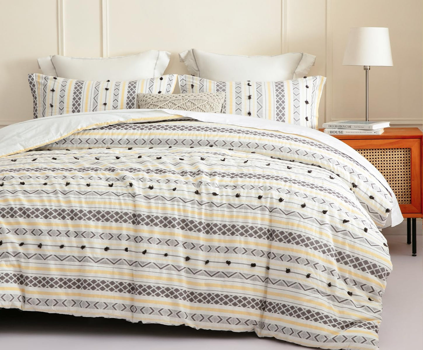 SLEEPBELLA Washed Double Layer Muslin 100% Cotton Comforter Set Queen Size, Yellow Grey Boho Fluffy Thick Checked Bedding Set, Soft Breathable(1 Comforter, 2 Pillow Shams)