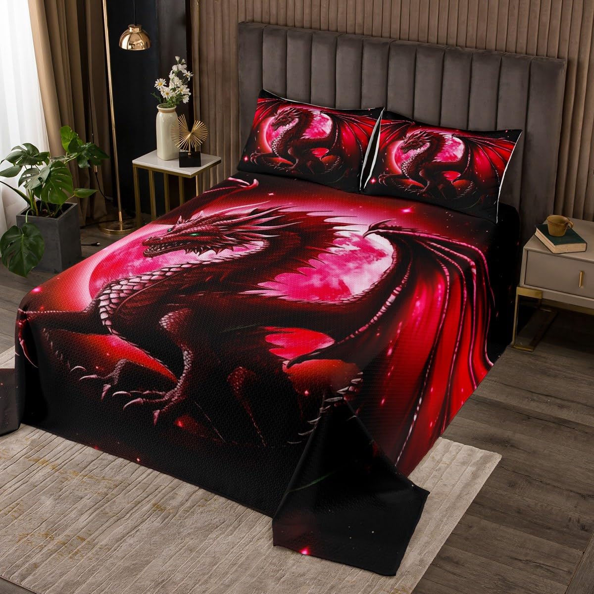 Castle Fairy Dragon Bedding Set Queen Size,Starry Sky Moon Night Bedspread for Kids Boys Teens Women Bedroom Decor,3D Animals Comforter Set Western Dragon Black Red Quilt Coverlet,2 Pillowcases