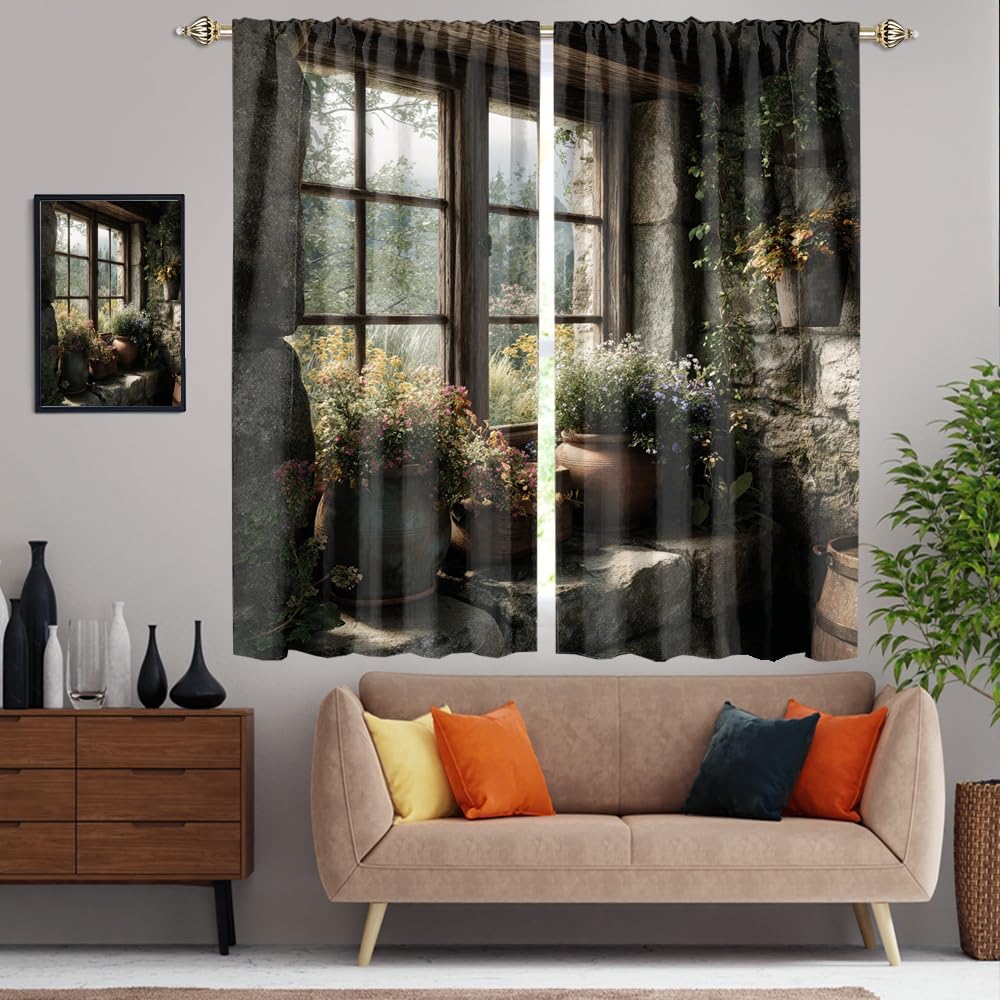 XSUPFLYM Beautiful Fantasy Stone Wall Window Thermal Curtain for Living Room Fantasy Realistic European House Plant Floral Green Leaves Blackout Curtains for Bedroom 2 Panels Each 21" W x 45" L