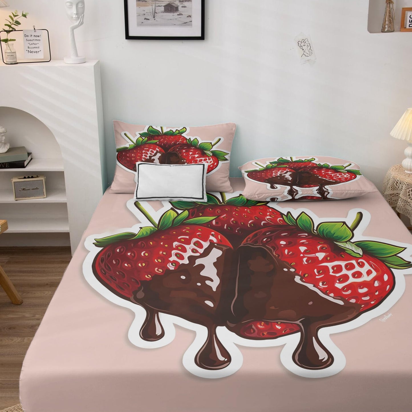 Rejkxyw King Size Sheets Set Cartoon Strawberry - Fruit Bed Sheets - Strawberries Sheet Set - 12 Inch Deep Pocket - Ultra Soft Winkle Free Microfiber Bedding Sheets & Pillowcases 4 Piece