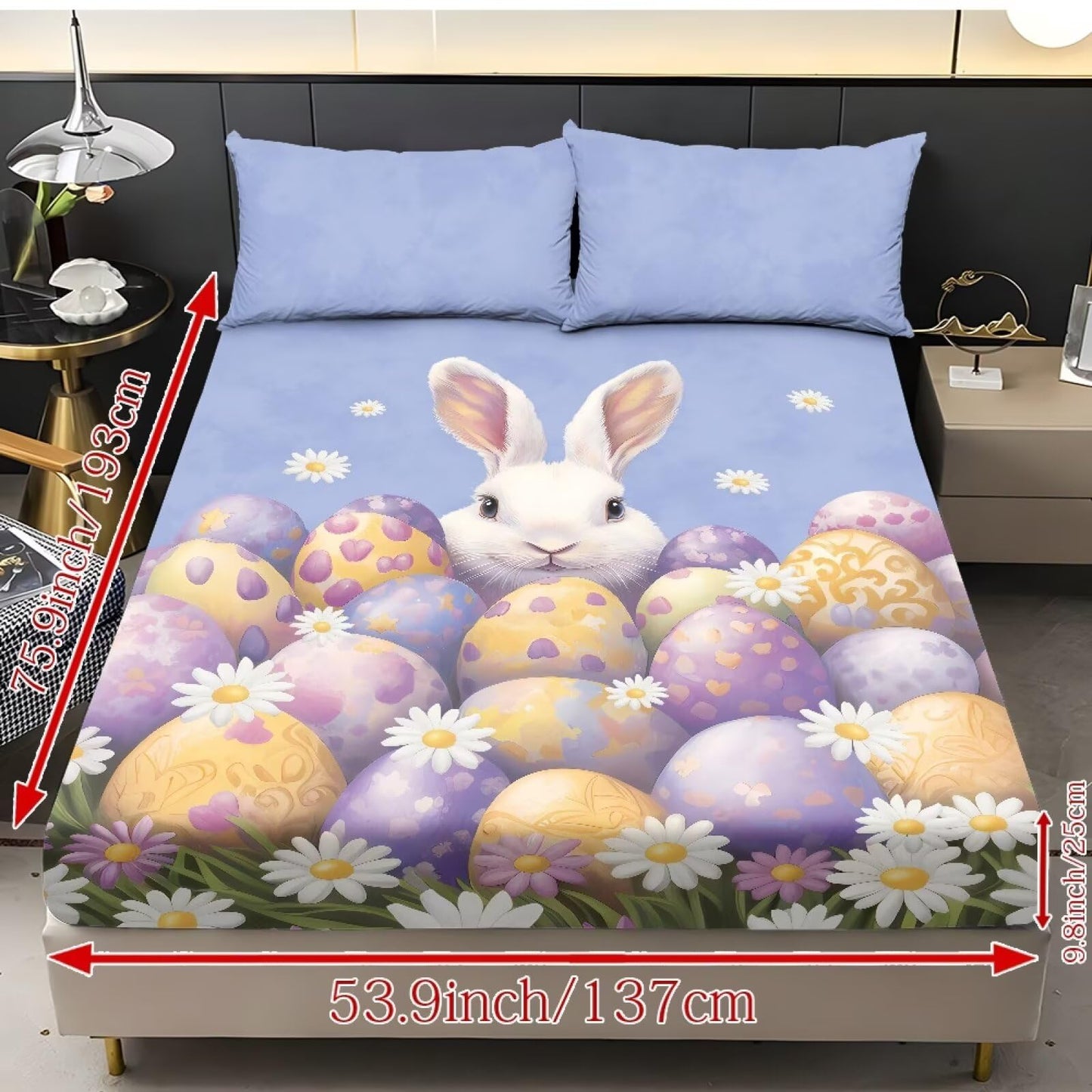 ZDCUSTOM Easter Bedding Set Twin XL Size Eggs Bunny Fitted Sheet with 2 Pillowcases,3 Pieces Fresh Cute Printed Soft Sheet Set Easy Care & Non-Slip Home Decor, 39" x 79"