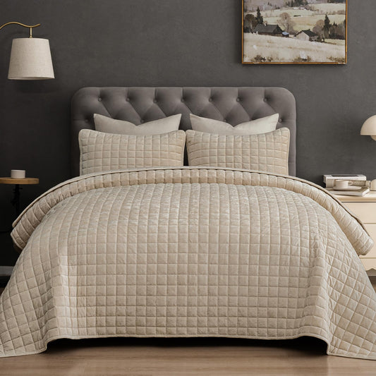 PHF Luxurious Velvet Quilt Set Queen Size – 3PCS Super Soft Quilted Comforter Alternative with Square-Box Quilt Pattern, Warm Quilted Bedspread Coverlet, 90" x 92", Oxford Tan