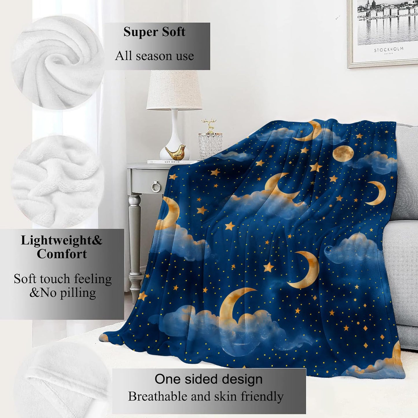 VODRM Moon Cloud Stars Blanket Dreamy Night Sky Throw Blankets Gifts for Girls Boys Adults Lightweight Soft Fleece Cozy for Sofa Couch Bed Room Travel Birthday Party Decor 50x60in