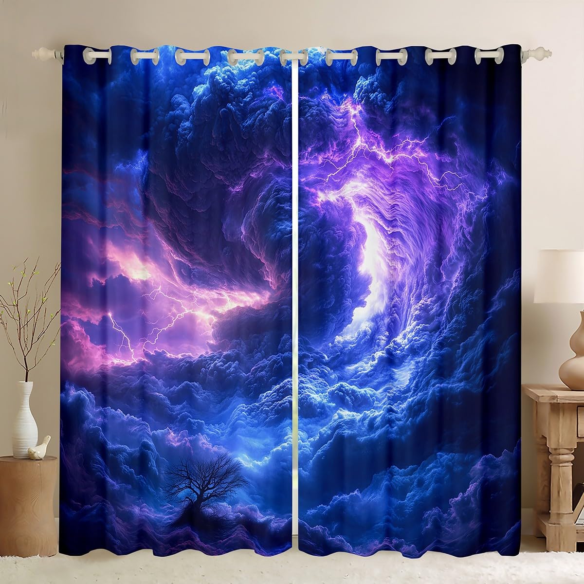 Erosebridal Tornados Curtains 38" Wx45 L,Purple Blue Lightning Window Curtains Drapes for Kids Boys Adults,Natural Disaster Room Decor for Storm Chaser