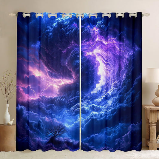Erosebridal Tornados Curtains 38" Wx45 L,Purple Blue Lightning Window Curtains Drapes for Kids Boys Adults,Natural Disaster Room Decor for Storm Chaser
