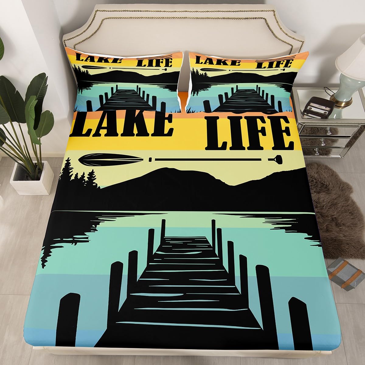 Lake Life Kids Fitted Sheet Twin Size,Adventure Camping Lake House Fishing Bedding Set,Boys Girls Room Decor,Rustic Cabin Outdoor Nature Bed Cover,Blue Black Bed Sheet,1 Pillowcase(No Top Sheet)