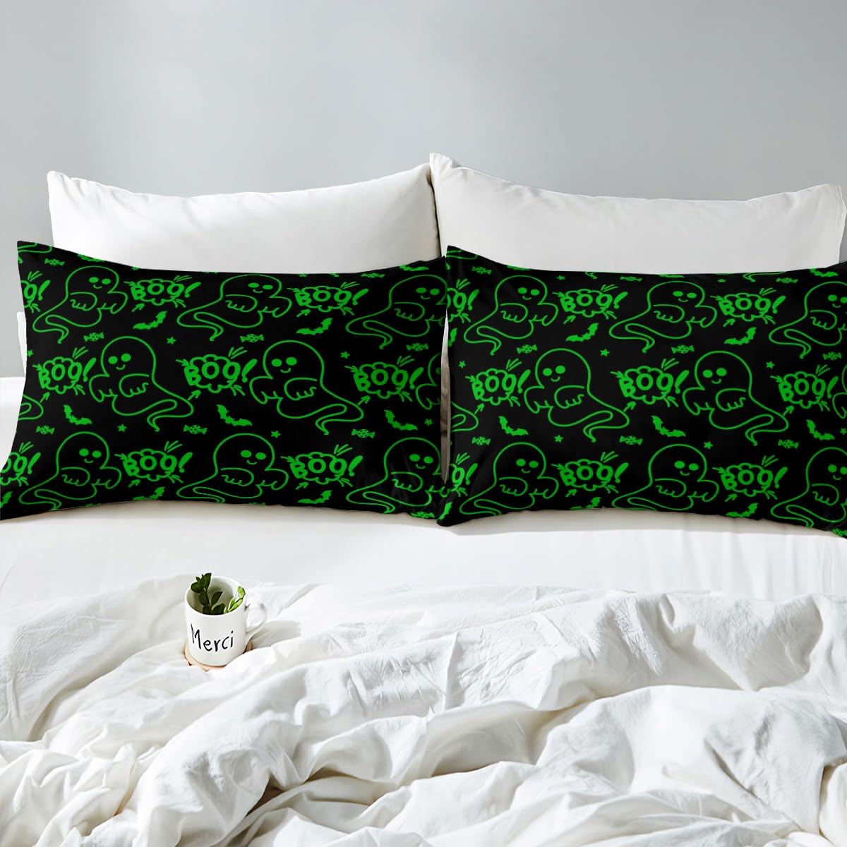 Feelyou Halloween Sheets Set Cartoon Ghost Twin Size Bedding Set Decoration for Kids Boys Girls Green Fitted Sheet Ghost Festival Themed Bed Sheet Set Collection
