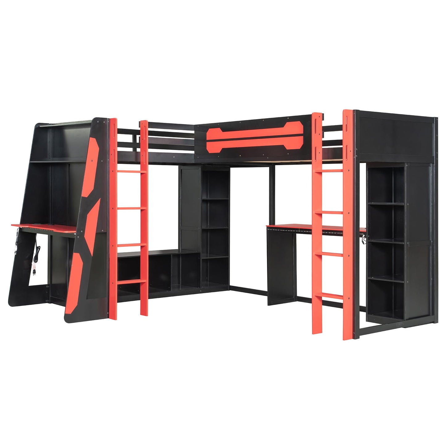 HRJHLucky Twin Size L-Shaped Gaming Loft Bed with RGB LED Lights, USB Ports, TV Stand and Dual Beds, Wood Loft Bed Frame with Desk and Storage Shelves (Red)